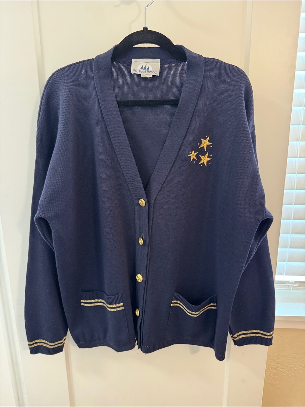 Vintage Bay Point Thread Navy Nautical Cardigan Gold Buttons‎ Stars XL USA